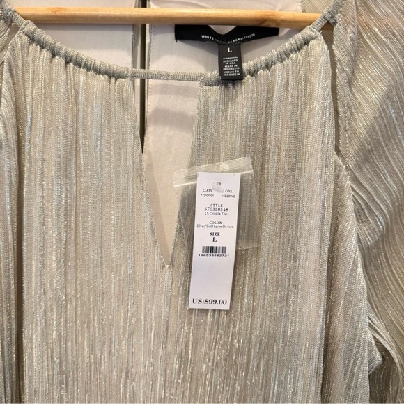 NWT White House Black Market Crinkle Top Ecru/Gold/Silver Balloon Long Sleeve L - Picture 5 of 11